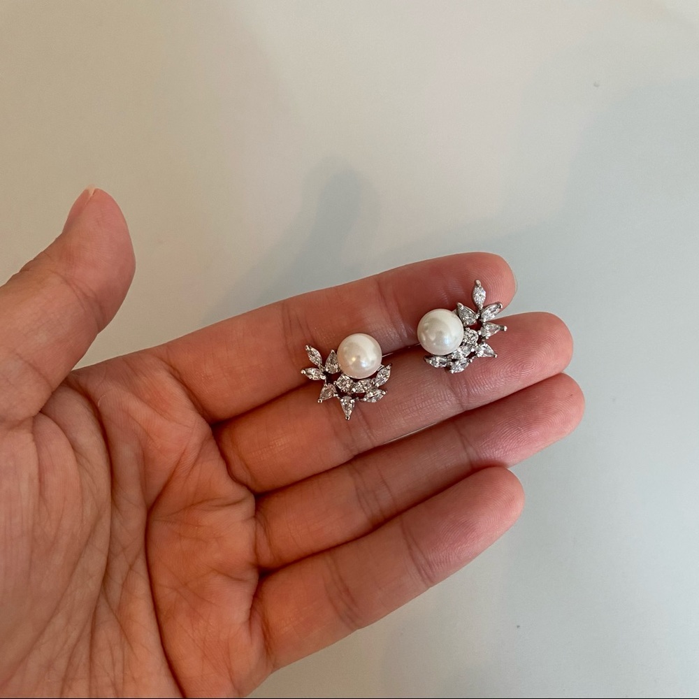 Ivory Pearls & CZ Cluster Wedding Earrings